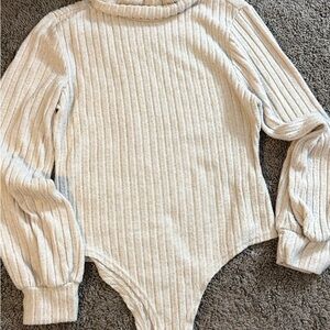 Cream Ribbed Turtleneck Bodysuit - Women Tops